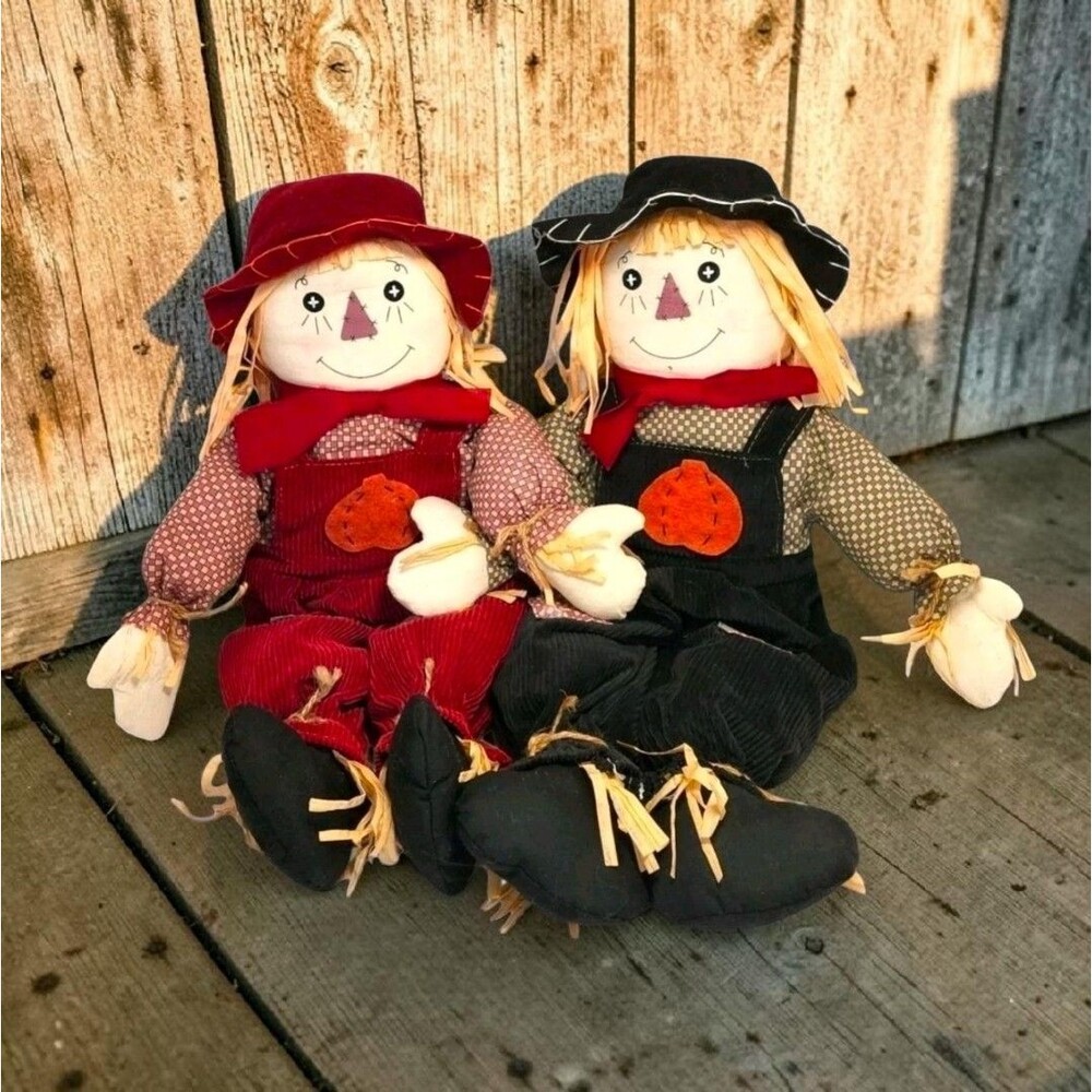 2 Vintage Scarecrow Dolls Set Fall Harvest Decor 21 Inch Farmhouse Cottagecore